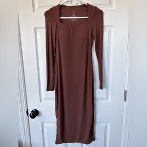 Klassy Network Brown Square Neck Long Sleeve Bodycon Midi Brami Dress (Size XS)